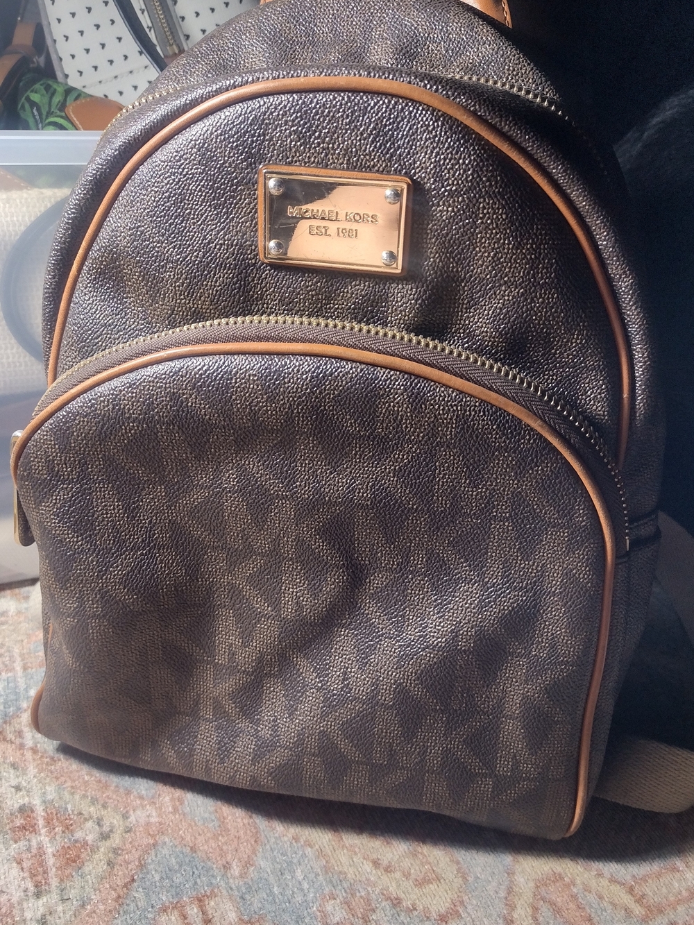 Michael Kors Brown Logo Backpack with Tan Trim